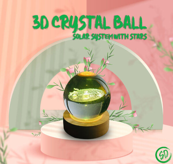 3D Crystal Ball featuring an intricately etched solar system design with stars, displayed on a 7-color LED base, perfect for home decor or gifts